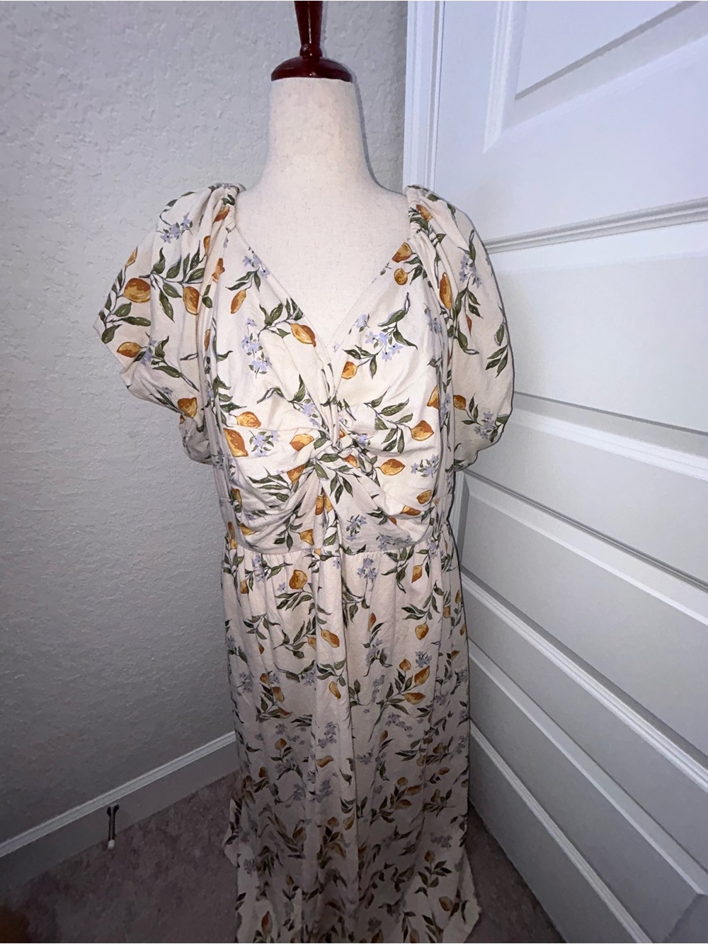 New, LEA Linen Blend Lemon Print Puff Short Sleeve Tie Knot Maxi Dress